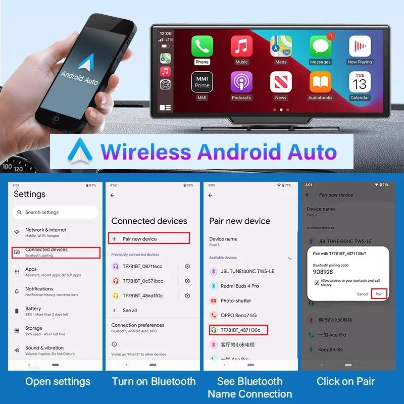 10.26" 4K Dashcam Wireless  Carplay & Android GPS Navigation AI Voice Dashboard screen